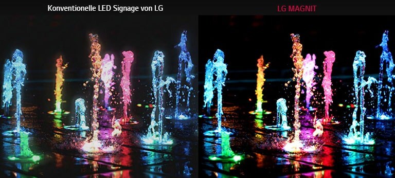 Bodenbrunnen in verschiedenen Farben, um den Unterschied zwischen der konventionellen LED Signage von LG und LG MAGNIT hinsichtlich Kontrastverh?ltnis und Sch?rfe zu zeigen