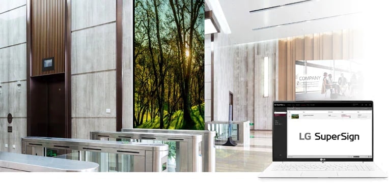 Das MAGNIT wird in einer Unternehmenslobby installiert und von der LG-SuperSign-L?sung verwaltet.