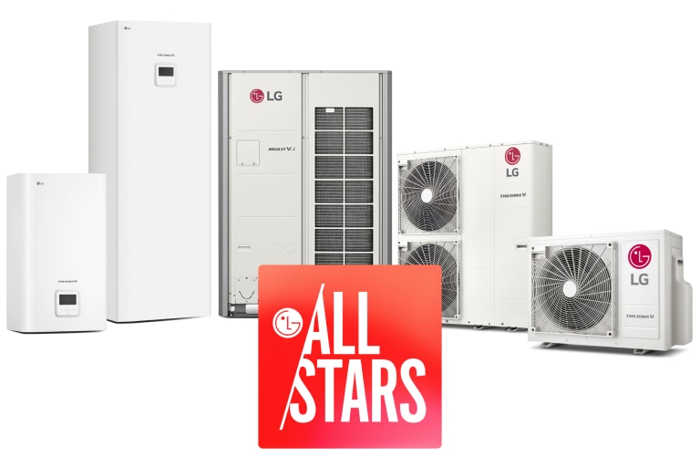 Das LG All Stars Logo ist in der Mitte und fünf LG Luft/Wasser W?rmepumpen THERMA V befinden sich hinter dem Logo.