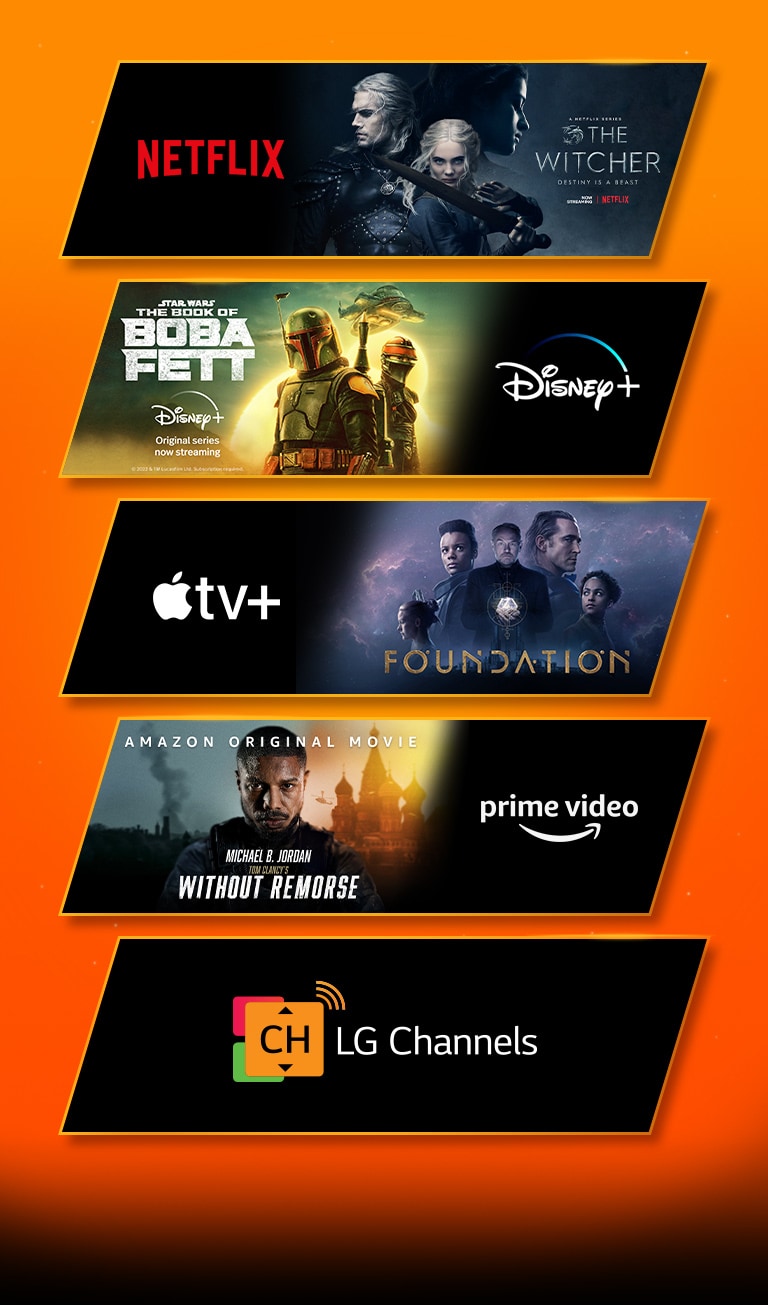 Es gibt 5 Bildbl?cke – jeder mit dem Logo einer Streaming-Plattform und Ausschnitten. Netflix-Logo mit The Witcher, Disney-plus-Logo mit Das Buch von Boba Fett, Apple-TV-plus-Logo mit Foundation, Prime-Video-Logo mit Tom Clancy's Gnadenlos und LG-Channels-Logo (nur Logo).  