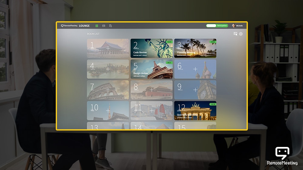 Bildschirm, der viele Tagungsr?ume in der RemoteMeeting-Ansicht anzeigt.