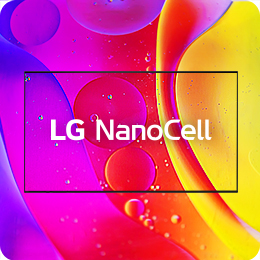 Die Logos von TV und LG NanoCell befinden sich in der Mitte – abstrakte, bunte Muster aus gro?en Tropfen sind auf dem NanoCell-Display zu sehen. 