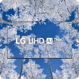 Die Logos von TV und LG UHD befinden sich in der Mitte – eisbedeckte Winterb?ume sind auf dem TV-Display und im Hintergrund zu sehen.
