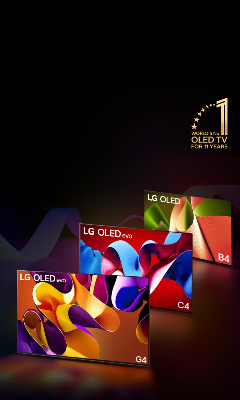 PC: LG OLED evo G4, LG OLED evo C4 und LG OLED B4 nebeneinander, auf jedem ist ein andersfarbiges, abstraktes Kunstwerk zu sehen. Lichter strahlen von jedem Fernseher auf den Boden aus. Das goldene ?World’s No.1 OLED TV For 11 Years“-Gütesiegel ist oben rechts zu sehen.  MO: LG OLED evo G4, LG OLED evo C4 und LG OLED B4 in einer Reihe, auf jedem ist ein andersfarbiges, abstraktes Kunstwerk zu sehen. Lichter strahlen von jedem Fernseher auf den Boden aus. Das goldene ?World’s No.1 OLED TV For 11 Years“-Gütesiegel ist oben rechts zu sehen.