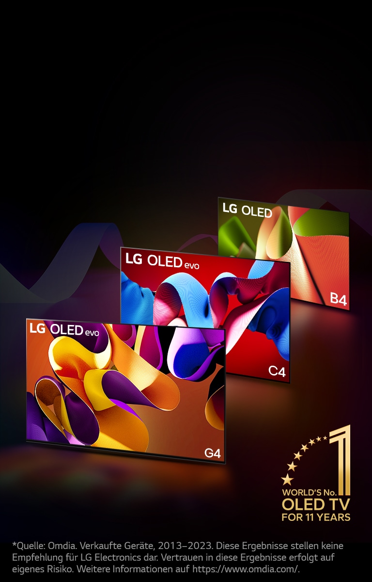 Die LG OLED evo TVs C4, G4 und B4 stehen in einer Reihe vor einem schwarzen Hintergrund mit dezenten Farbspiralen. Das ?World’s No.1 OLED TV For 11 Years“ Gütesiegel ist auf dem Bild erkennbar.  Im Haftungsausschluss hei?t es wie folgt: ?Quelle: Omdia. Verkaufte Ger?te, 2013–2023. Diese Ergebnisse stellen keine Empfehlung für LG Electronics dar. Vertrauen in diese Ergebnisse erfolgt auf eigenes Risiko. Weitere Informationen auf https://www.omdia.com/.“