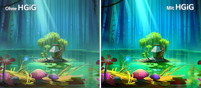 Zu sehen ist ein animiertes Bild mit einem kleinen Haus und einem Baum auf einer winzigen Insel, die sich inmitten eines Teiches befindet, der von hohen und kahlen B?umen umgeben ist. Die rechte, mit dem Schriftzug ?With HGiG“ (mit HGiG) oben rechts versehene Bildh?lfte ist heller und hat eine bessere Bildqualit?t als die linke H?lfte ?Without HGiG“ (ohne HGiG).