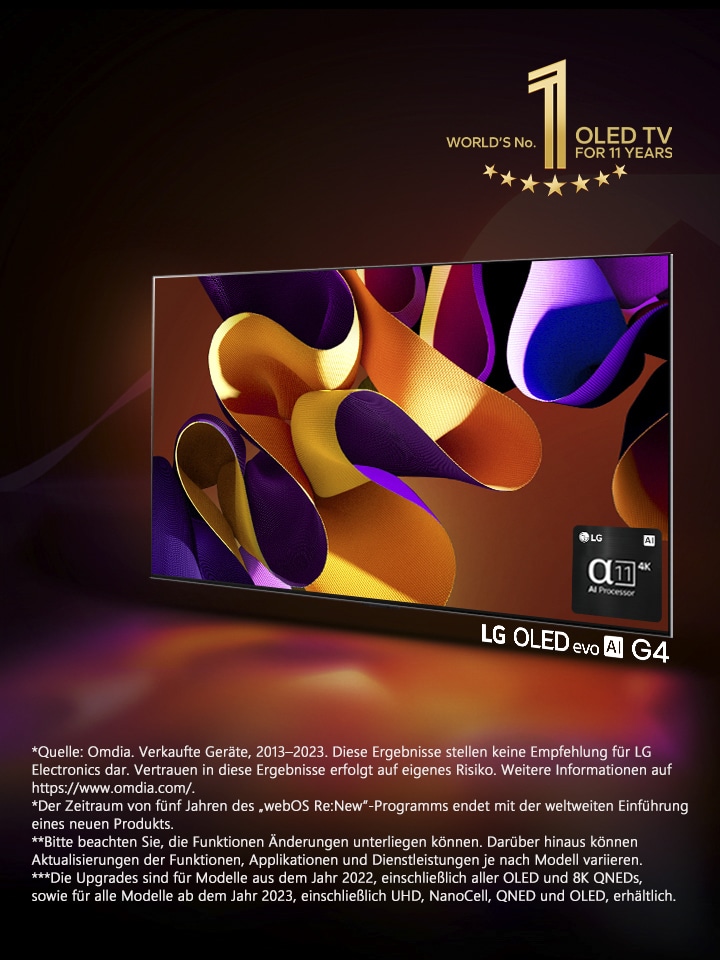 Ein LG OLED evo TV G4 mit einem abstrakten, farbenfrohen Kunstwerk vor einem schwarzen Hintergrund mit dezenten Farbspiralen auf dem Bildschirm. Licht strahlt aus dem Bildschirm und wirft bunte Schatten. In der rechten unteren Ecke des TV-Bildschirms befindet sich eine Abbildung des α11 KI-Prozessors 4K. Das Gütesiegel ?11?Jahre weltbester OLED TV“ ist auf dem Bild erkennbar. Im Haftungsausschluss hei?t es wie folgt: ?Quelle: Omdia. Verkaufte Ger?te, 2013–2023. Diese Ergebnisse stellen keine Empfehlung für LG Electronics dar. Vertrauen in diese Ergebnisse erfolgt auf eigenes Risiko. Weitere Informationen auf?https://www.omdia.com/.“