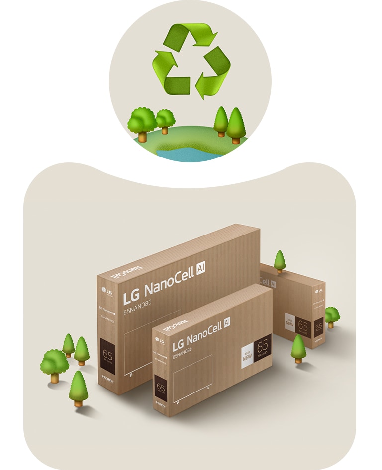 LG-NanoCell-Verpackung vor einem beigen Hintergrund mit illustrierten B?umen.
