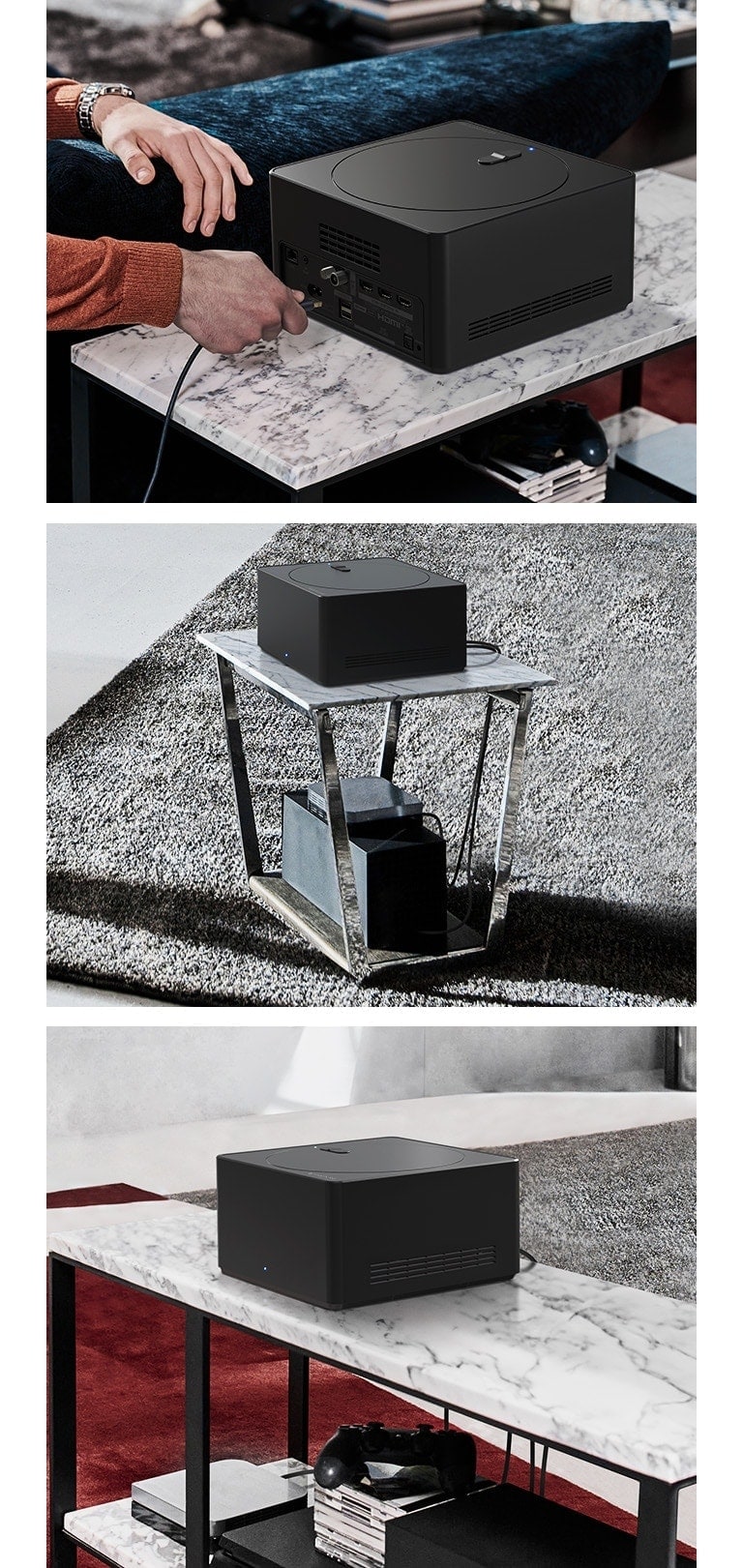 Trijuose paveiksl?liuose pavaizduotas ?Zero Connect Box“. Pirmajame pavaizduotas ? ?Zero Connect Box“ ?jungtas kabelis. Antrajame pavaizduotas ?Zero Connect Box“ ant nedidelio stalo su ?renginiais po juo. Tre?iame pavaizduotas ?Zero Connect Box“ ant didelio stalo su ?renginiais po juo.