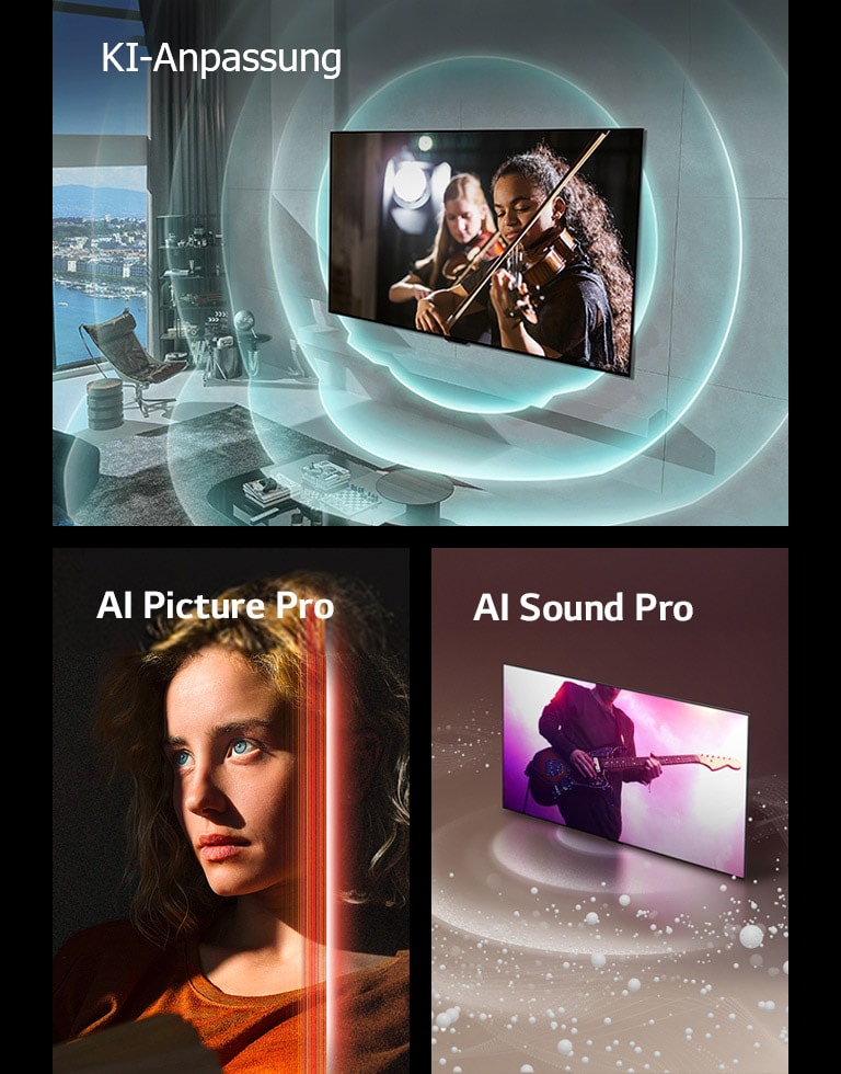 Rodomi trys vaizdai LG OLED evo M4 moderniame gyvenamajame kambaryje, kuriame ekrane rodomas muzikinis spektaklis. TV ir erdv? supa m?lynos apskritos bangos, vaizduojan?ios personalizavim?. Antrame rodoma moteris skvarbiomis m?lynomis akimis ir degan?iai oran?ine palaidine tamsioje erdv?je. Raudonos linijos, vaizduojan?ios DI patobulinimus, dengia dal? jos veido, kuris yra ry?kus ir detalus, o likusi vaizdo dalis atrodo nery?ki. LG OLED evo M4, kai i? ekrano sklinda garso burbuliukai ir bangos, u?pildan?ios erdv?.