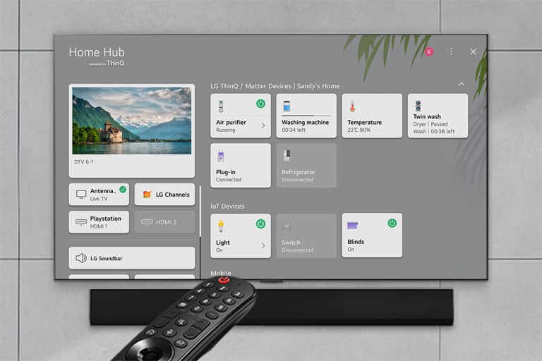 Ekrane rodomas jaukus koncertas svetain?je. ?WOW Interface“ meniu rodomas kaip perdanga, o naudotojas ?Magic Remote“ pulteliu pereina prie soundbar nustatym?.