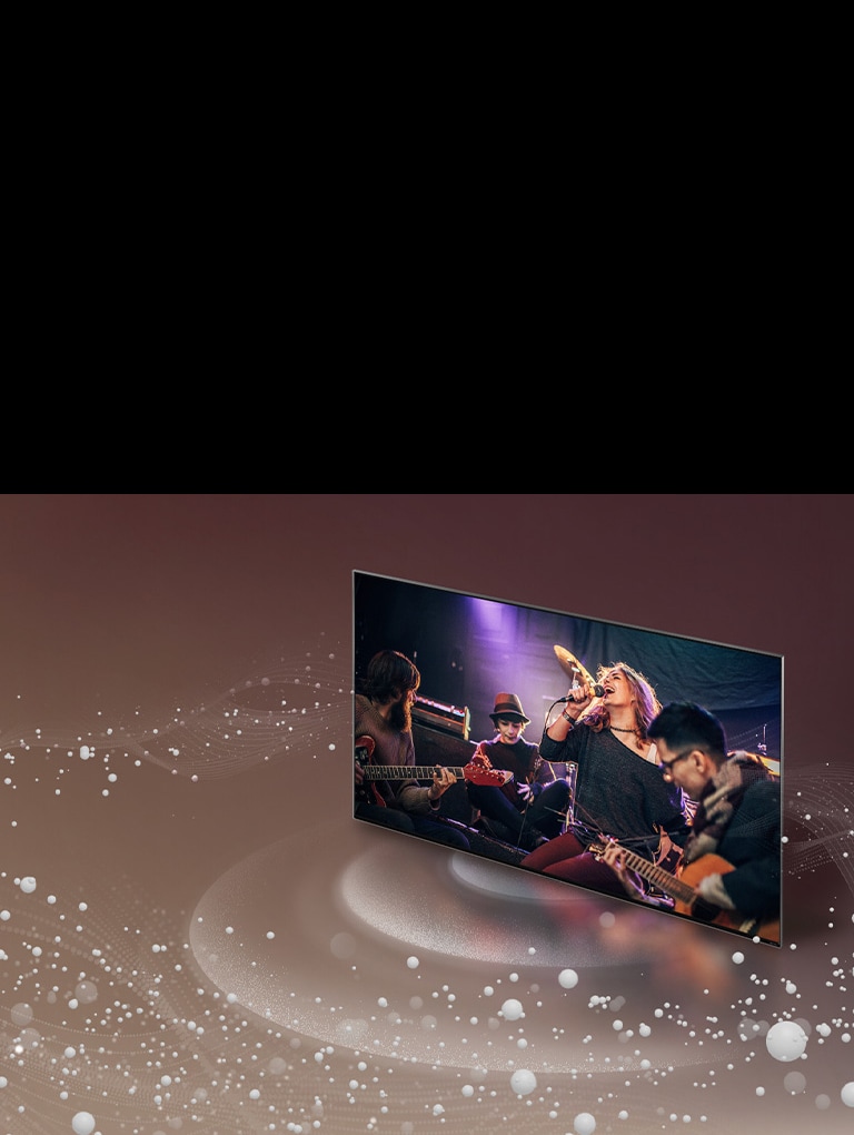 LG-Fernseher, w?hrend Klangblasen und Wellen vom Bildschirm ausgehen und den Raum füllen.