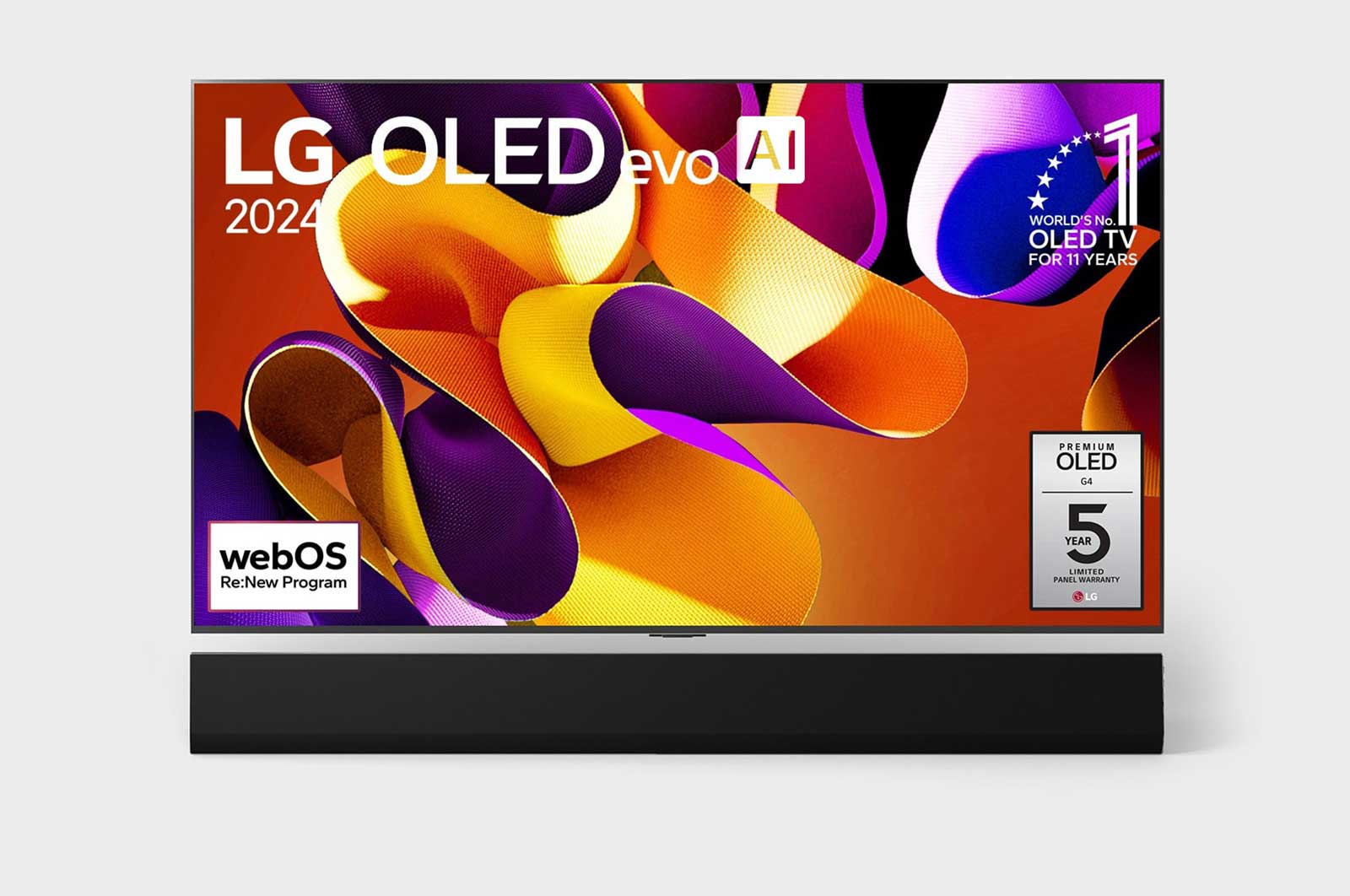 Ansicht der Vorderseite des LG OLED evo AI TV, OLED G4. Auf dem Bildschirm befinden sich das OLED-Gütesiegel ?Seit 11?Jahren weltweit die Nummer 1“, das Logo des ?webOS Re:New Program“ und das ?5 Year