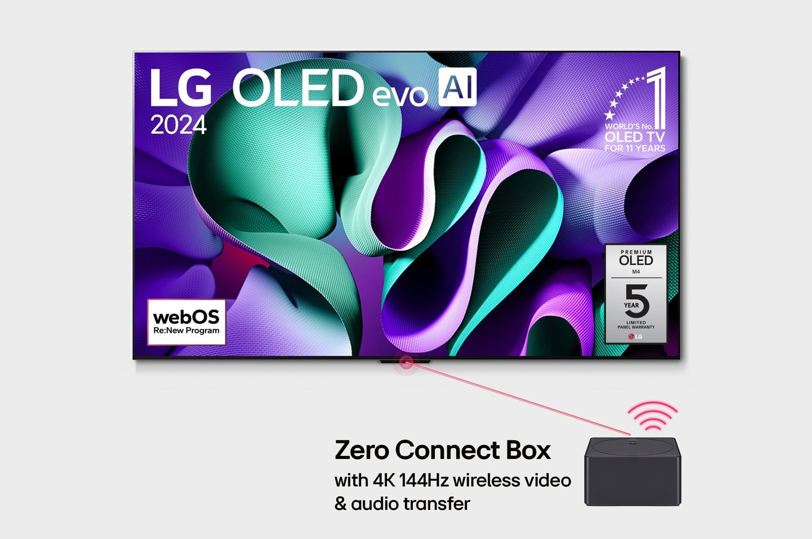 Vaizdas i? priekio su LG OLED evo TV, OLED M4, 11 met? pirmosios vietos pasaulyje OLED emblema, webOS Re:New programos logotipu, 5-Year Panel Warranty logotipu ekrane ir prie televizoriaus prijungta Z