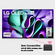 Vaizdas i? priekio su LG OLED evo TV, OLED M4, 11 met? pirmosios vietos pasaulyje OLED emblema, webOS Re:New programos logotipu, 5-Year Panel Warranty logotipu ekrane ir prie televizoriaus prijungta Z