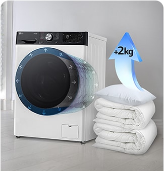 Decken und Kissen liegen neben der Waschmaschine, und auf dem Kissen befindet sich ein Pfeil, der das Fassungsverm?gen um 2 kg erh?ht.