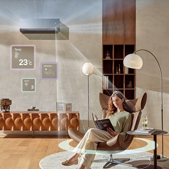 Frau entspannt sich in einem smarten Wohnzimmer, w?hrend die LG AI Klimaanlage automatisch Temperatur, Luftstrom und Luftfeuchtigkeit reguliert.