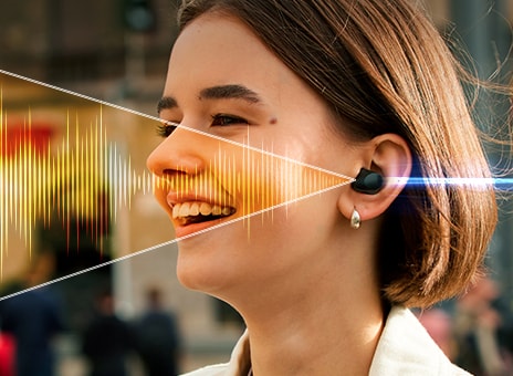 woman talking with earbuds