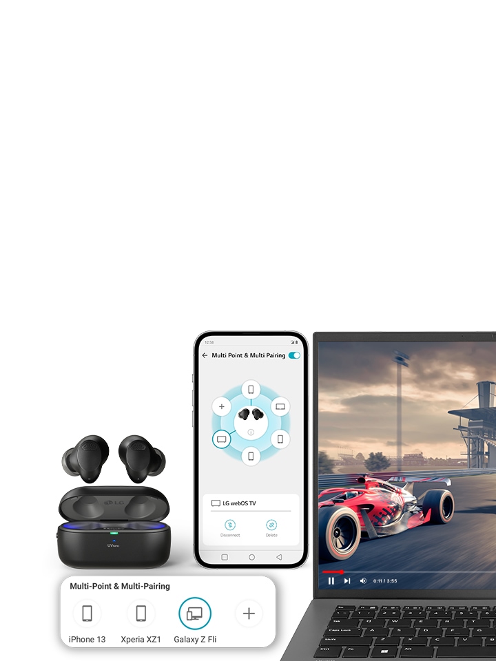A picture of the Multi Point & Multi Pairing function. The TONE Free widget interface is shown on the bottom left. The black T90S is shown in the center. To the right, a smartphone interface and a laptop are shown.	