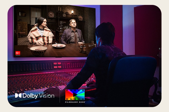 A director in front of a control panel editing the movie "Killers of the Flower Moon" on an LG OLED TV. A quote by Martin Scorsese: "For home viewing, every film should be seen in filmmaker mode," overlays the image with the "Killers of the Flower Moon" logo, Apple TV+ logo, and a "coming soon" logo. In the bottom left, the Dolby Vision logo and FILMMAKER MODE? logo. 