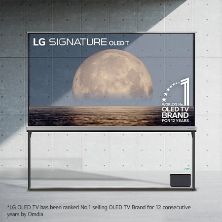 Front view of LG SIGNATURE OLED T, 12 years of world number 1 OLED Emblem, LG SIGNATURE OLED T logo, both embedded above the background depicting a moon above shore on a transparent screen. Zero Connect Box with 4K 120Hz wireless video & audio transfer connected to the TV, and a Wi-Fi signal coming out of the box.