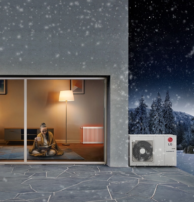 Displayed are two LG Therma V Monobloc outdoor units. A small rectangular one on the left and a larger two-stack unit on the right.