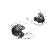 TONE Free fit earbuds being splashed by water and droplets.