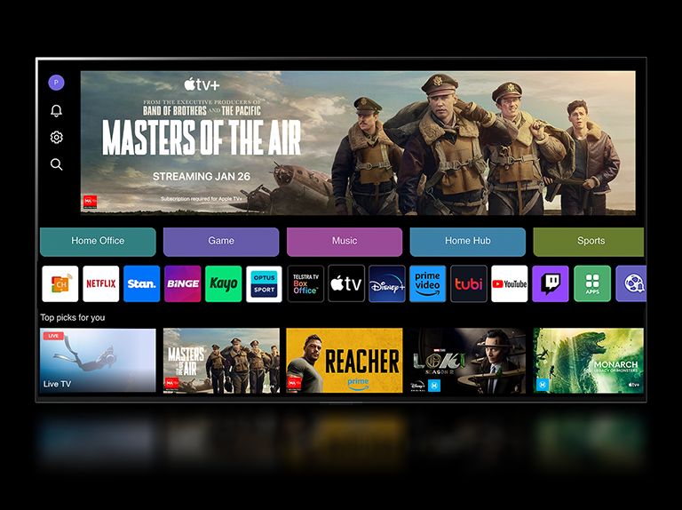 LG WebOS 24 home screen with Home Office, Game, Music, Home Hub, and Sports Categories. The screen shows personalized recommendations "Top picks for you."