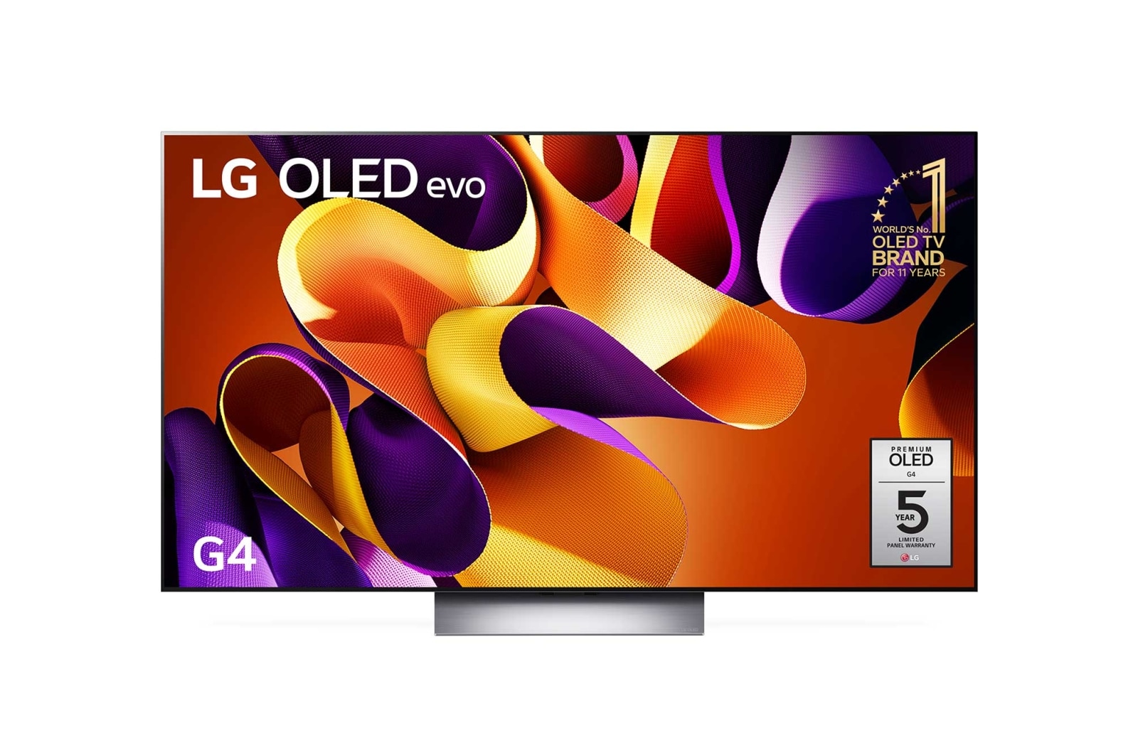 Front view with LG OLED evo G4 TV OLED77G4PSA, 11 Years of world number 1 OLED Emblem on screen.