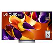 Front view with LG OLED evo G4 TV OLED77G4PSA, 11 Years of world number 1 OLED Emblem on screen.