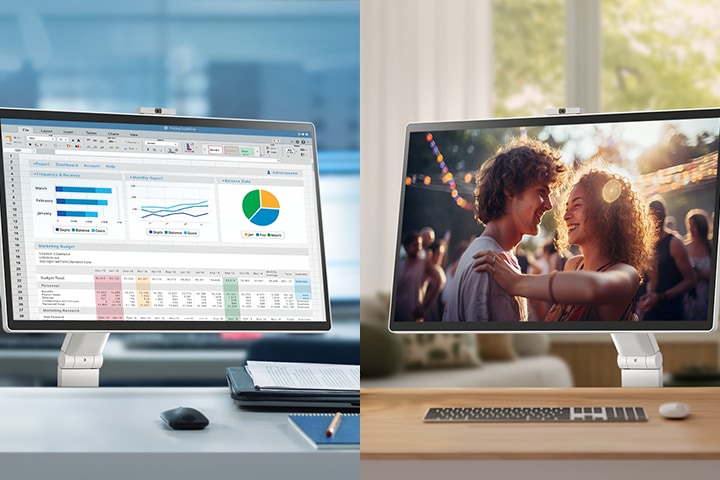 In the left image, a LG Smart Monitor Swing in an office displays various charts, while in the right image, a LG Smart Monitor Swing at home is playing a movie.