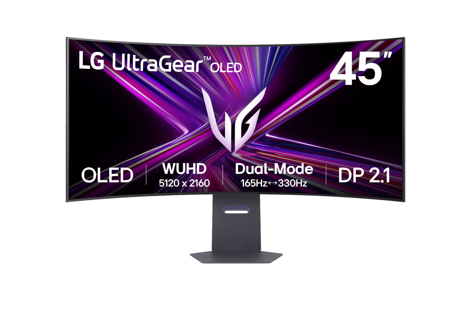 Front view of LG UltraGear? 45-inch OLED Dual-Mode 5K2K Gaming Monitor | 0.03ms (GtG), Rich Bass (10Wx2), DisplayHDR True Black 400, DP 2.1 &amp; USB-C 45GX950A-B.AAU