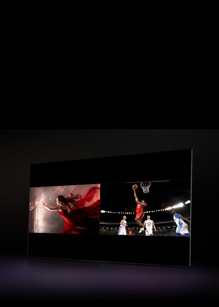 Uma LG TV exibe um filme, e a tela é dividida de forma que uma metade mostre um filme e a outra mostre o Spotify. O cursor clica em um bot?o para abrir o painel de configura??es do Multi view e clica no bot?o Live TV, e a janela do Spotify muda para cobertura esportiva ao vivo.