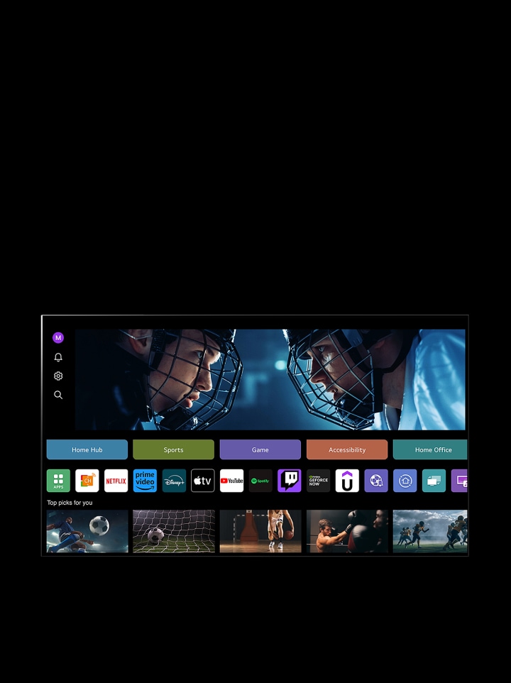 Uma LG TV exibe a tela do My Profile. No ter?o superior, um banner da Tangible Wonders. Abaixo do banner, s?o exibidos os seguintes bot?es: Home Hub, Esportes, Jogos, Acessibilidade e Home Office. Abaixo dos bot?es, aparecem os seguintes logotipos: LG Channels, Netflix, Prime Video, Disney+, Apple TV, YouTube, Spotify, Twitch, GeForce Now e Udemy. Abaixo dos logotipos, s?o exibidas 5 miniaturas de filmes sob o texto “Principais escolhas para você”. Um ponteiro clica no “S” inicial no canto superior esquerdo. Um menu suspenso LG Account é aberto e cinco nomes s?o exibidos. O ponteiro clica no segundo nome à medida que as miniaturas e o conteúdo recomendado na tela mudam.