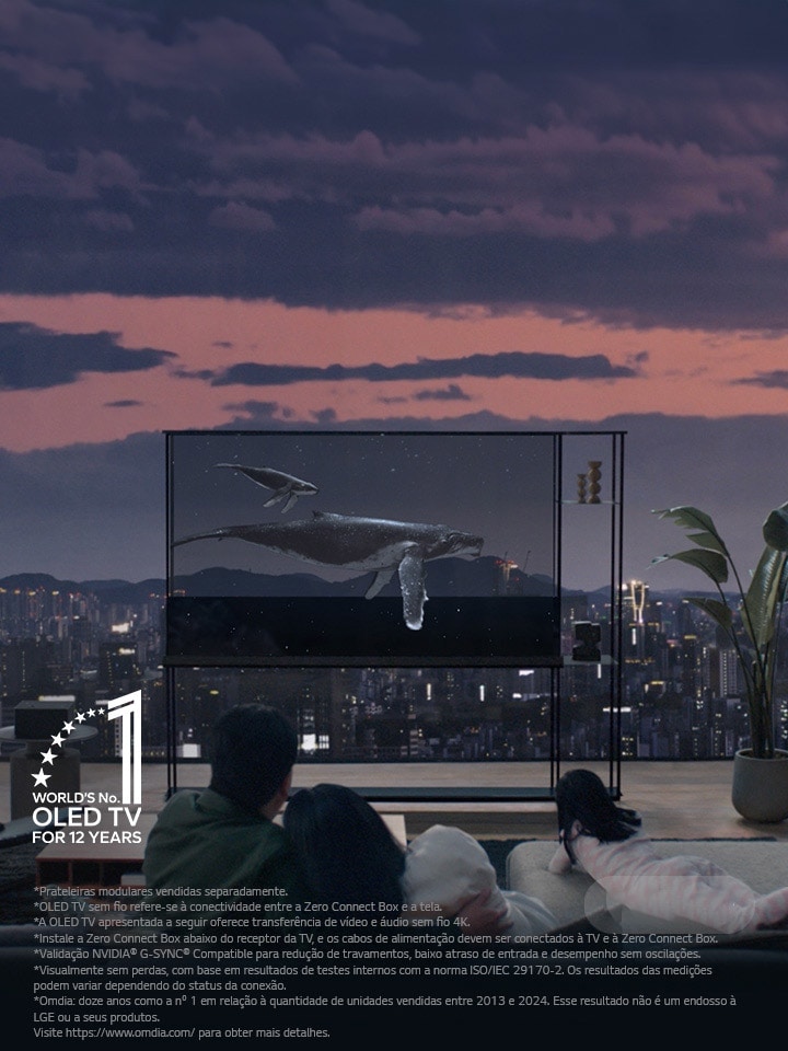 Baleia nadando pela tela de uma LG SIGNATURE OLED TV enquanto sua sombra aparece abaixo mostrando o horizonte da cidade à noite. Pessoas est?o sentadas no sofá em primeiro plano, de frente para a TV e a janela. A Zero Connect Box está localizada em uma pequena mesa à esquerda da TV.