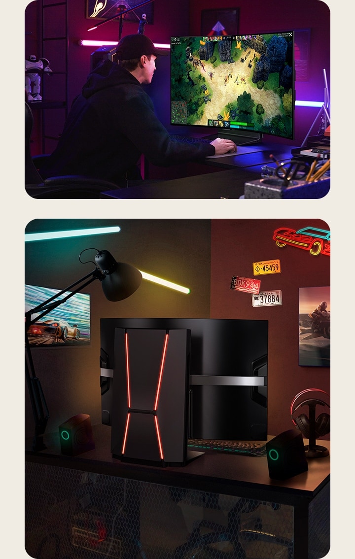 Duas configura??es de jogo diferentes com uma LG OLED Flex na mesa do computador. Em uma delas, vê-se um gamer usando a LG OLED Flex para jogar. Na outra configura??o, é apresentada a parte traseira da LG OLED Flex. Nesse angulo, a curvatura da tela da TV é destacada.