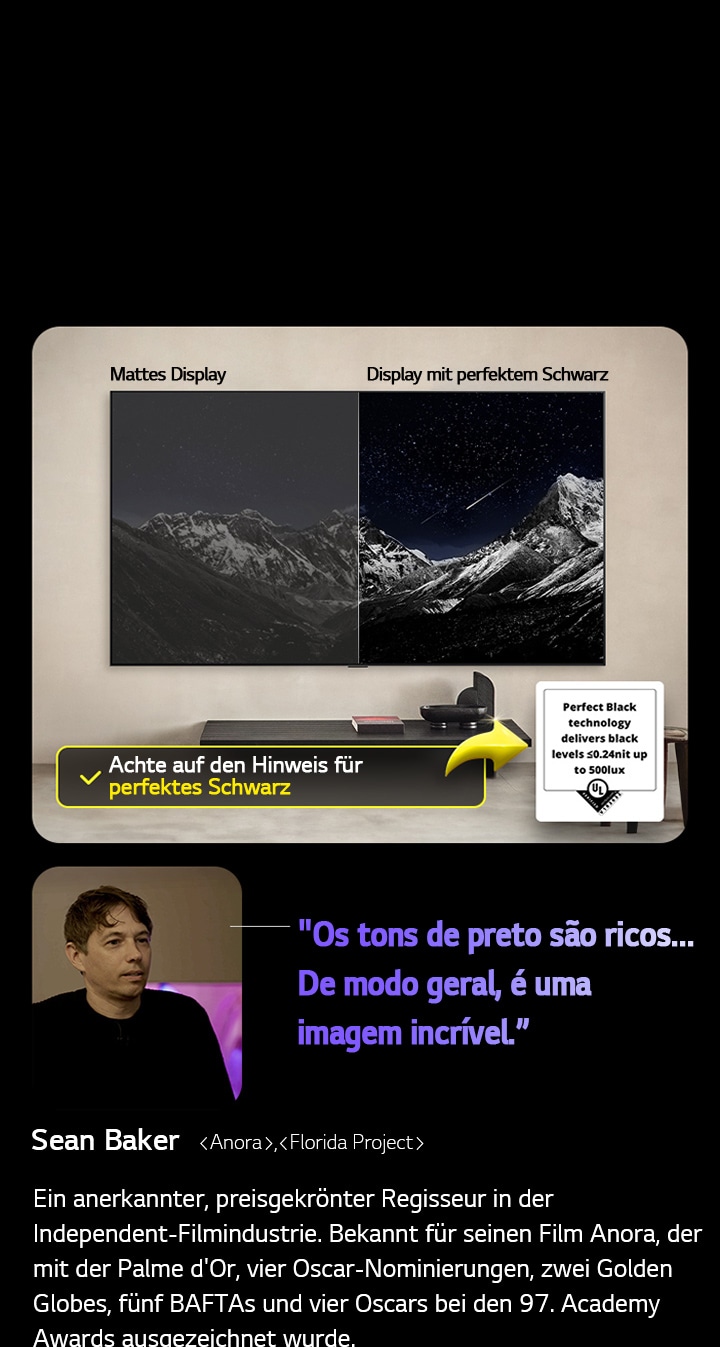LG OLED TV com suporte de parede. Em sua tela, há uma cadeia de montanhas contra um céu noturno repleto de estrelas. A tela é dividida ao meio. Em uma extremidade rotulada como tela sem preto perfeito, as cores s?o opacas e cinzas, e as estrelas s?o pouco visíveis. Na outra extremidade da tela Preto perfeito, os tons de preto s?o profundos e escuros, as estrelas s?o brilhantes e brancas, resultando em uma imagem muito agradável com alto contraste.