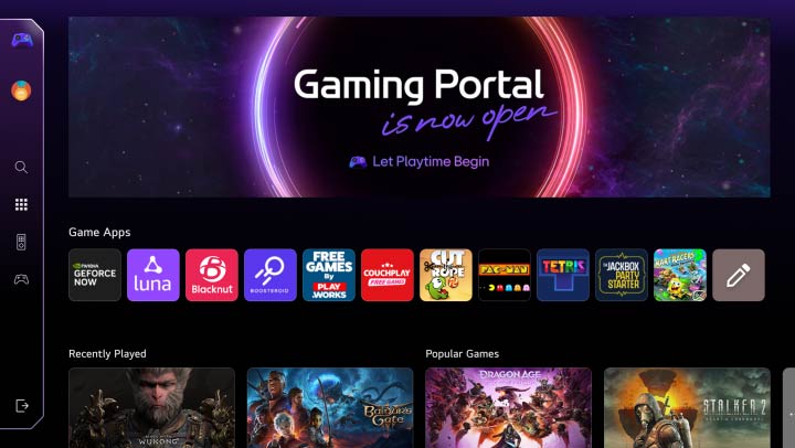 Tela inicial do Gaming Portal. O cursor se move e clica para mostrar muitos títulos de jogos populares, além da fun??o adicional de poder selecionar jogos dependendo do tipo de controle que você tem, seja um gamepad ou um controle remoto. 