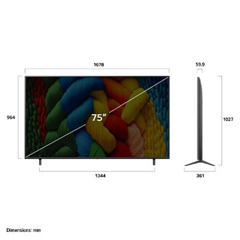 Vista frontal e lateral da Smart TV 4K LG NanoCell NANO80 mostrando suas dimens?es de comprimento, largura, altura e profundidade.