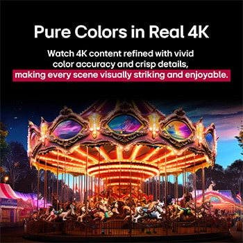 Uma imagem dividida ao meio para mostrar o antes e o depois com a tecnologia Cores puras em 4K real. O lado esquerdo do carrossel é nítido e colorido, enquanto o lado direito é desbotado. O título fala sobre como cada cena se torna visualmente mais impressionante e agradável. 