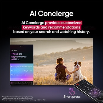 Um LG AI Magic Remote em frente à tela de uma LG TV. Uma sauda??o personalizada da LG AI é exibida na tela, com palavras-chave personalizadas baseadas na pesquisas do usuário e no histórico de visualiza??o. Junto ao controle remoto há um ícone e um rótulo mostrando que a funcionalidade AI Concierge é facilmente acessível com um breve toque no bot?o AI. 