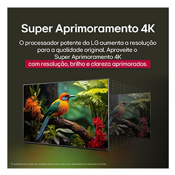 LG AI Magic Remote com o bot?o AI em destaque. Ao redor dele est?o as diferentes funcionalidades que um usuário pode acessar a partir do bot?o. AI Voice ID, AI Search, AI Chatbot, AI Concierge, AI Picture Wizard e AI Sound Wizard. O texto explica que o LG AI Magic Remote completa sua experiência de IA com um bot?o AI dedicado e pode ser usado como um air mouse. Basta apontar e clicar.