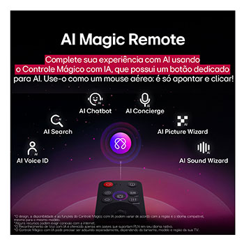 Um close da tela da LG TV mostrando como o AI Search funciona. Uma pequena janela de bate-papo está aberta, mostrando como o usuário perguntou quais partidas esportivas est?o disponíveis. O AI Search responde por bate-papo, mostrando miniaturas dos conteúdos disponíveis. Há também um prompt para perguntar ao Microsoft Copilot. 