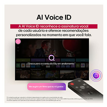 Um LG AI Magic Remote em frente à tela de uma LG TV. Uma sauda??o personalizada da LG AI é exibida na tela, com palavras-chave personalizadas baseadas na pesquisas do usuário e no histórico de visualiza??o. Junto ao controle remoto há um ícone e um rótulo mostrando que a funcionalidade AI Concierge é facilmente acessível com um breve toque no bot?o AI. 