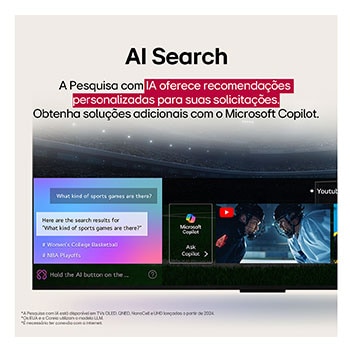 Conteúdo de fic??o científica sendo reproduzido na tela de uma LG TV. Na tela aparece a interface do AI Chatbot. O usuário enviou uma mensagem ao chatbot dizendo que a tela está muito escura. O chatbot ofereceu solu??es para a solicita??o. A cena inteira está dividida em duas partes. Um lado é mais escuro, o outro lado é mais claro, mostrando como o AI Chatbot resolveu o problema para o usuário automaticamente. O texto explica que o Al Chatbot pode entender a inten??o do usuário e fornecer solu??es para resolver problemas.Conteúdo de fic??o científica sendo reproduzido na tela de uma LG TV. Na tela aparece a interface do AI Chatbot. O usuário enviou uma mensagem ao chatbot dizendo que a tela está muito escura. O chatbot ofereceu solu??es para a solicita??o. A cena inteira está dividida em duas partes. Um lado é mais escuro, o outro lado é mais claro, mostrando como o AI Chatbot resolveu o problema para o usuário automaticamente. O texto explica que o Al Chatbot pode entender a inten??o do usuário e fornecer solu??es para resolver problemas.