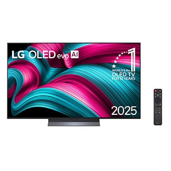 Vis?o ampla de uma sala de estar elegante e colorida. Smart TV 4K LG OLED evo AI C5 montada na parede com uma LG Soundbar embaixo dela. O design da TV combina bem com o espa?o. Na tela da TV há uma arte colorida. 