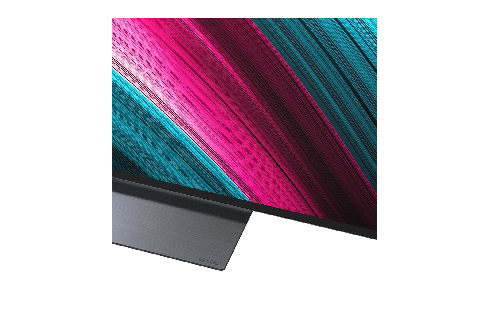 Vista frontal e lateral da Smart TV 4K LG OLED evo AI C5, mostrando suas dimens?es de comprimento, largura, altura e profundidade.