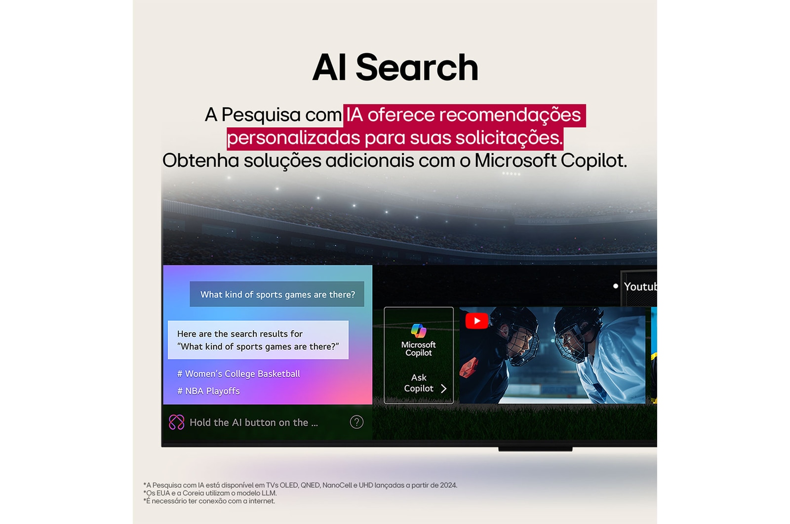 Conteúdo de fic??o científica sendo reproduzido na tela de uma LG TV. Na tela aparece a interface do AI Chatbot. O usuário enviou uma mensagem ao chatbot dizendo que a tela está muito escura. O chatbot ofereceu solu??es para a solicita??o. A cena inteira está dividida em duas partes. Um lado é mais escuro, o outro lado é mais claro, mostrando como o AI Chatbot resolveu o problema para o usuário automaticamente. O texto explica que o Al Chatbot pode entender a inten??o do usuário e fornecer solu??es para resolver problemas.