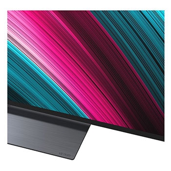 Vista frontal e lateral da Smart TV 4K LG OLED evo AI C5, mostrando suas dimens?es de comprimento, largura, altura e profundidade.