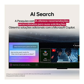 Conteúdo de fic??o científica sendo reproduzido na tela de uma LG TV. Na tela aparece a interface do AI Chatbot. O usuário enviou uma mensagem ao chatbot dizendo que a tela está muito escura. O chatbot ofereceu solu??es para a solicita??o. A cena inteira está dividida em duas partes. Um lado é mais escuro, o outro lado é mais claro, mostrando como o AI Chatbot resolveu o problema para o usuário automaticamente. O texto explica que o Al Chatbot pode entender a inten??o do usuário e fornecer solu??es para resolver problemas.